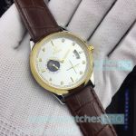 Fake Omega Moonphase Automatic Watch SS Silver Dial Brown Leather Strap 40mm